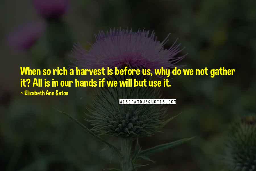 Elizabeth Ann Seton Quotes: When so rich a harvest is before us, why do we not gather it? All is in our hands if we will but use it.