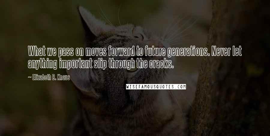 Elizabeth B. Knaus Quotes: What we pass on moves forward to future generations. Never let anything important slip through the cracks.