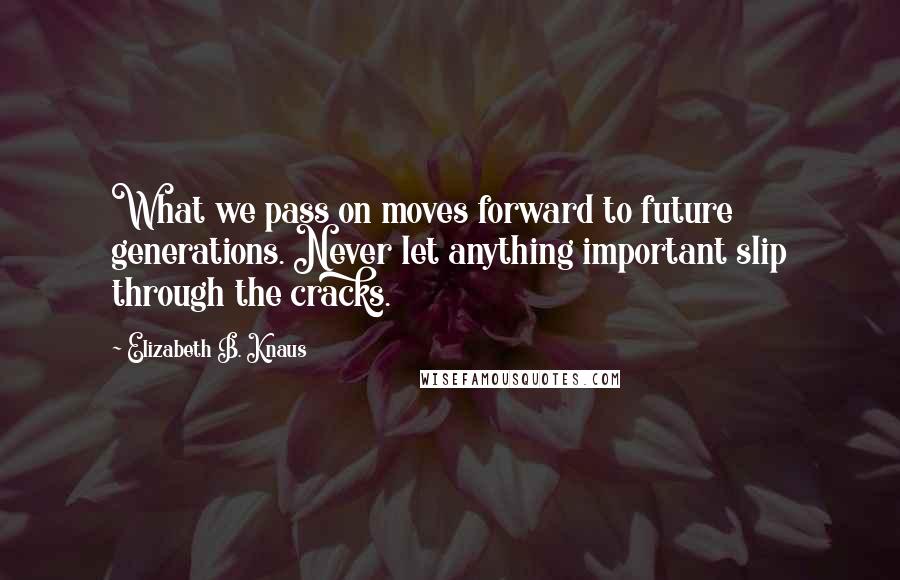 Elizabeth B. Knaus Quotes: What we pass on moves forward to future generations. Never let anything important slip through the cracks.