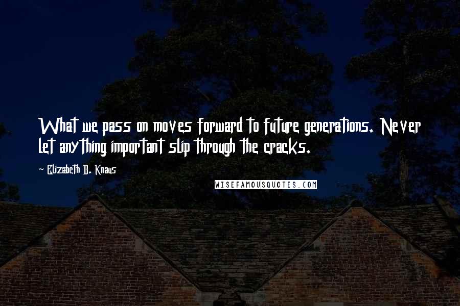 Elizabeth B. Knaus Quotes: What we pass on moves forward to future generations. Never let anything important slip through the cracks.