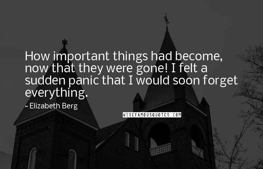 Elizabeth Berg Quotes: How important things had become, now that they were gone! I felt a sudden panic that I would soon forget everything.