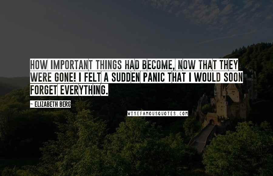 Elizabeth Berg Quotes: How important things had become, now that they were gone! I felt a sudden panic that I would soon forget everything.