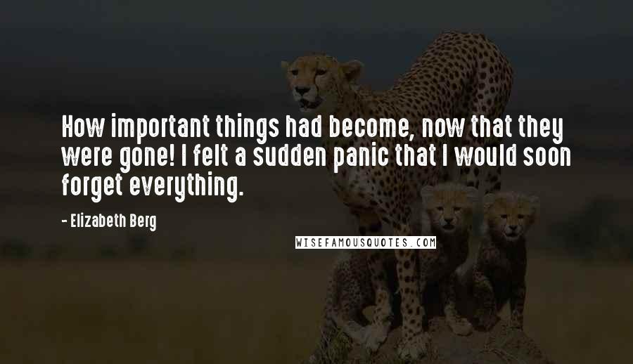 Elizabeth Berg Quotes: How important things had become, now that they were gone! I felt a sudden panic that I would soon forget everything.