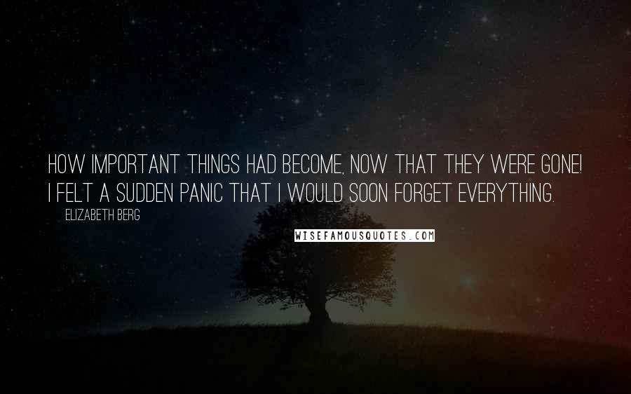 Elizabeth Berg Quotes: How important things had become, now that they were gone! I felt a sudden panic that I would soon forget everything.