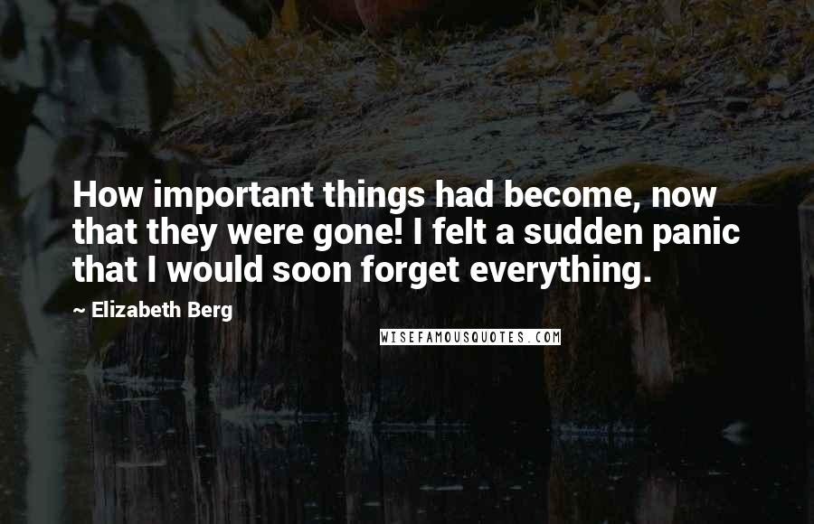 Elizabeth Berg Quotes: How important things had become, now that they were gone! I felt a sudden panic that I would soon forget everything.