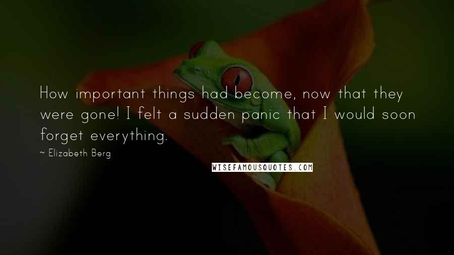 Elizabeth Berg Quotes: How important things had become, now that they were gone! I felt a sudden panic that I would soon forget everything.