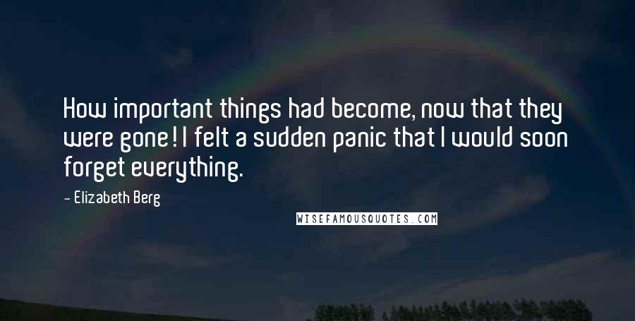 Elizabeth Berg Quotes: How important things had become, now that they were gone! I felt a sudden panic that I would soon forget everything.