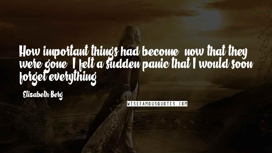 Elizabeth Berg Quotes: How important things had become, now that they were gone! I felt a sudden panic that I would soon forget everything.