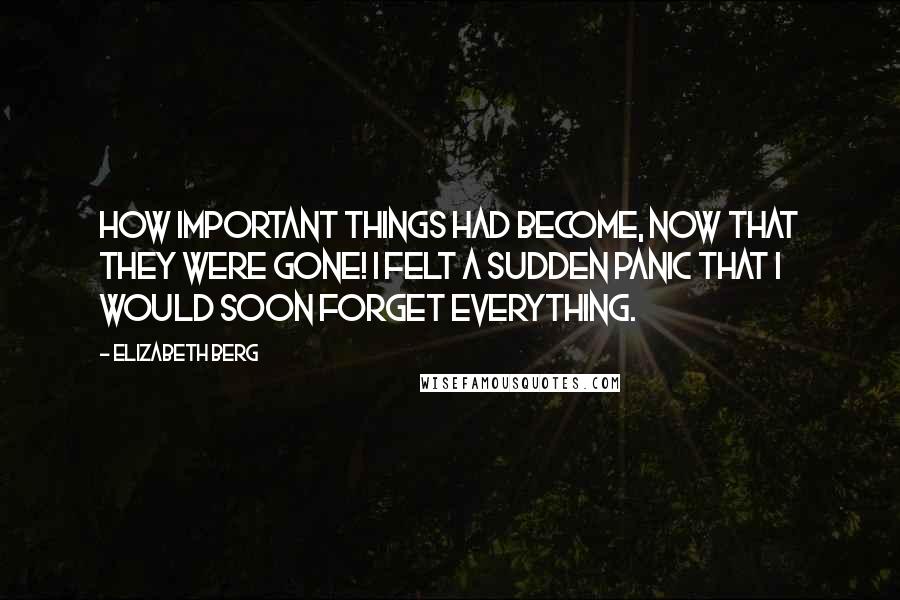 Elizabeth Berg Quotes: How important things had become, now that they were gone! I felt a sudden panic that I would soon forget everything.