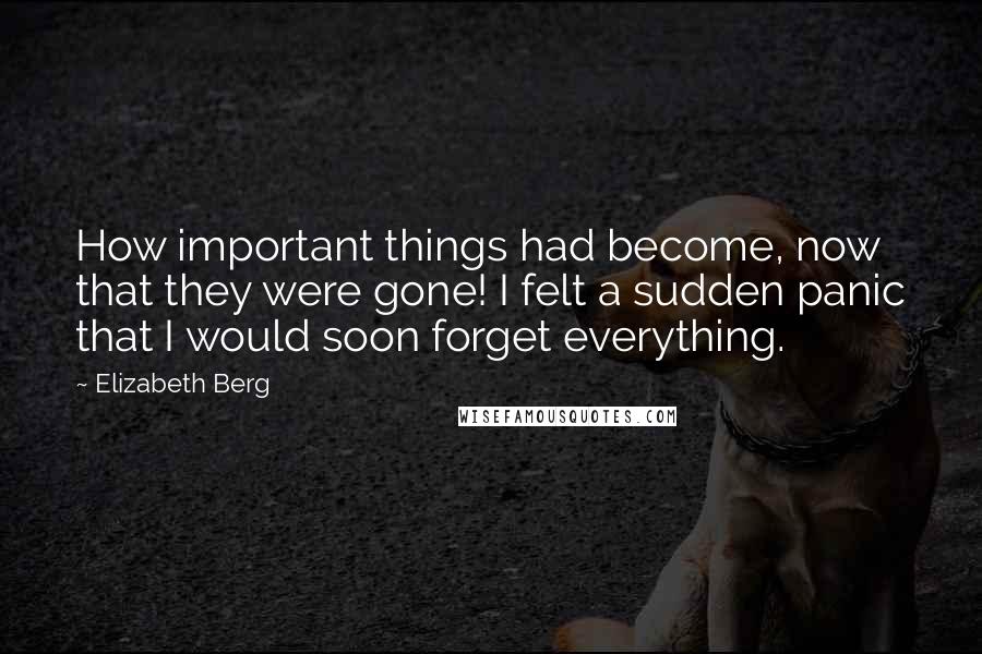 Elizabeth Berg Quotes: How important things had become, now that they were gone! I felt a sudden panic that I would soon forget everything.