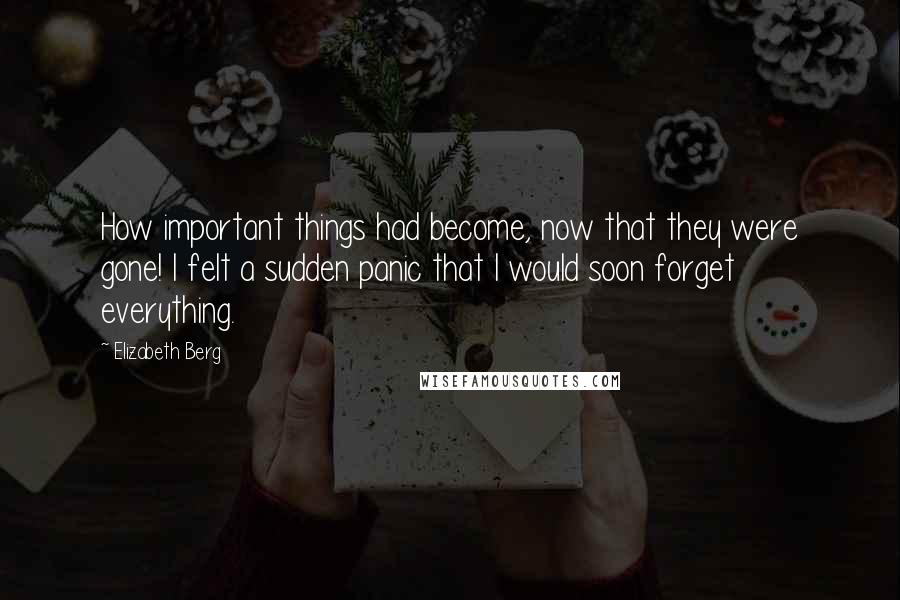 Elizabeth Berg Quotes: How important things had become, now that they were gone! I felt a sudden panic that I would soon forget everything.