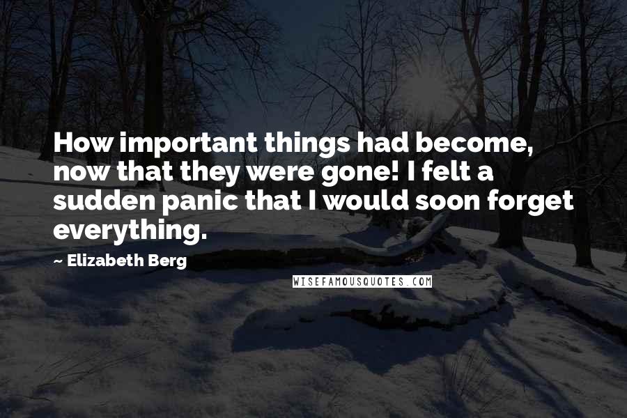 Elizabeth Berg Quotes: How important things had become, now that they were gone! I felt a sudden panic that I would soon forget everything.