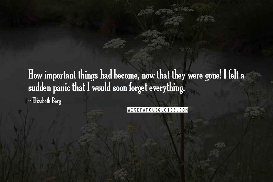 Elizabeth Berg Quotes: How important things had become, now that they were gone! I felt a sudden panic that I would soon forget everything.