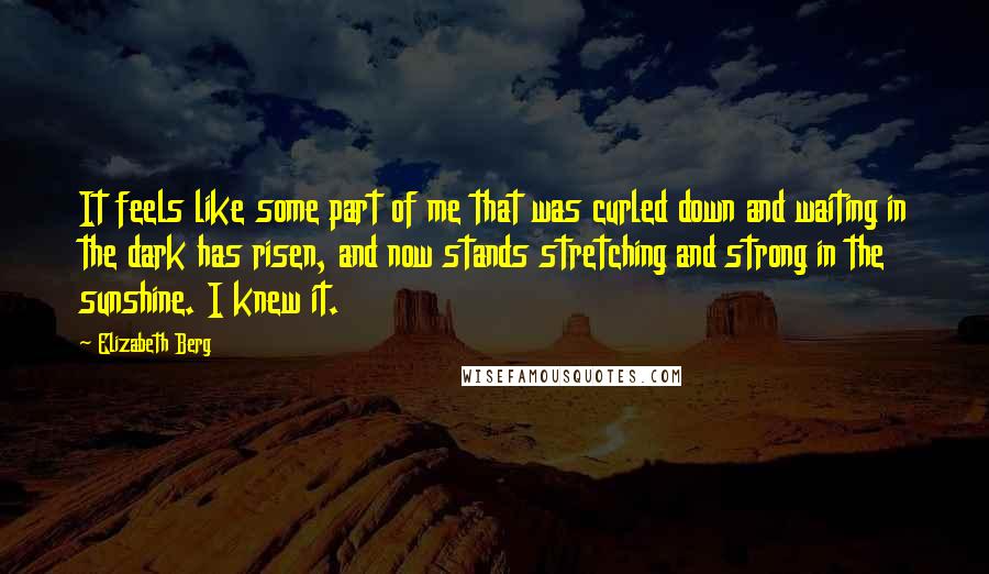 Elizabeth Berg Quotes: It feels like some part of me that was curled down and waiting in the dark has risen, and now stands stretching and strong in the sunshine. I knew it.