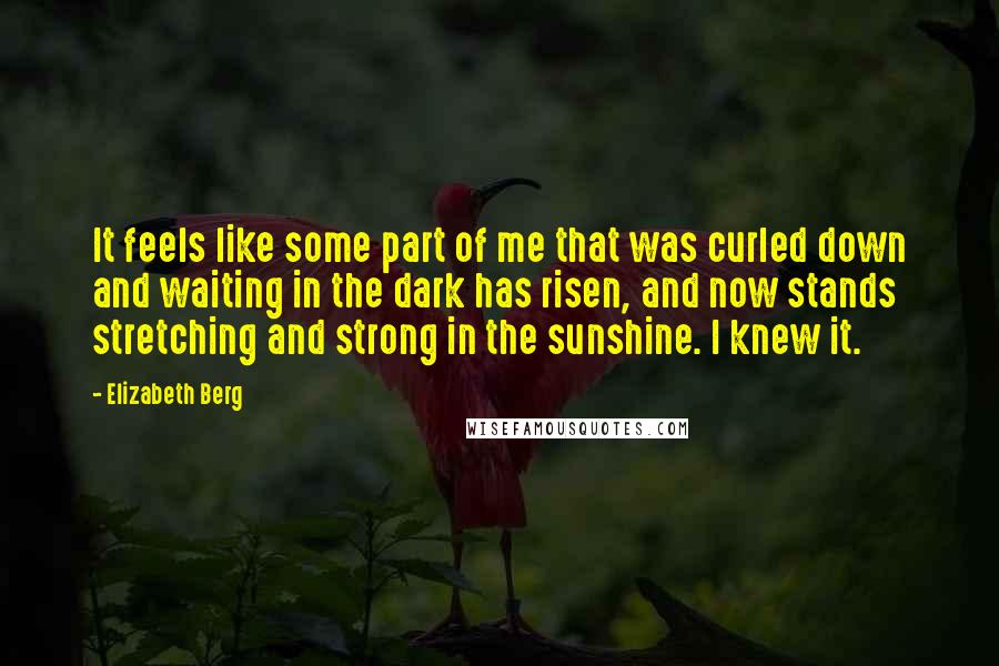 Elizabeth Berg Quotes: It feels like some part of me that was curled down and waiting in the dark has risen, and now stands stretching and strong in the sunshine. I knew it.