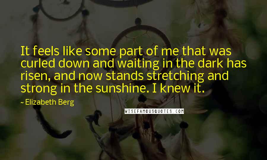 Elizabeth Berg Quotes: It feels like some part of me that was curled down and waiting in the dark has risen, and now stands stretching and strong in the sunshine. I knew it.