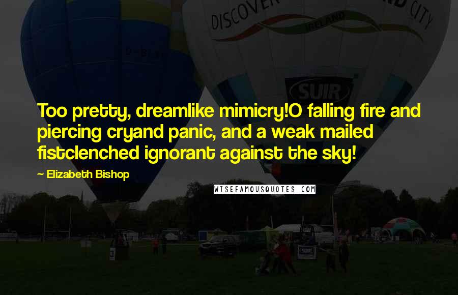 Elizabeth Bishop Quotes: Too pretty, dreamlike mimicry!O falling fire and piercing cryand panic, and a weak mailed fistclenched ignorant against the sky!