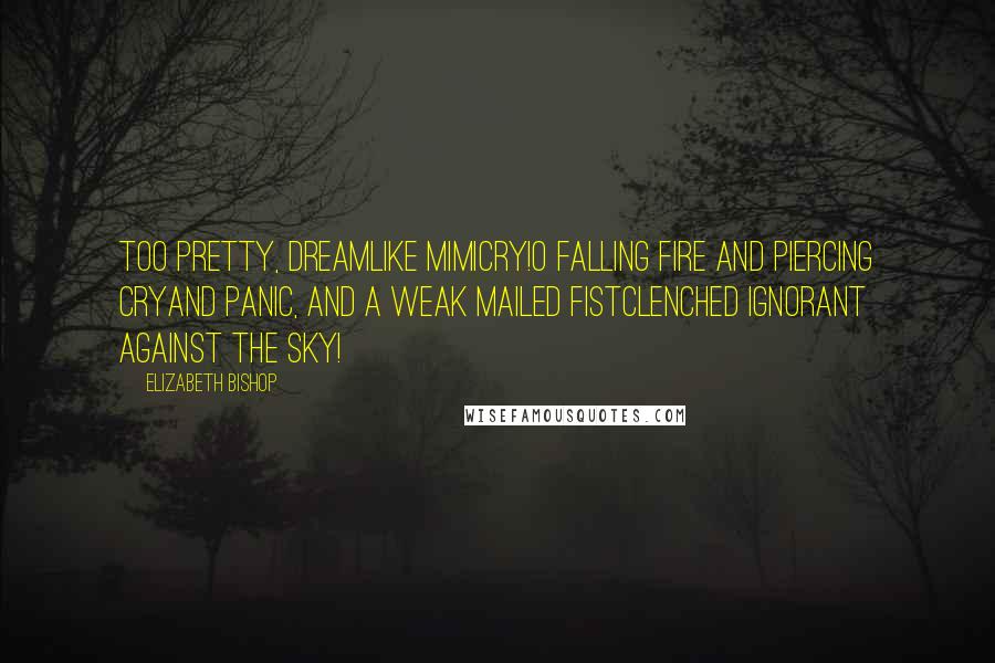 Elizabeth Bishop Quotes: Too pretty, dreamlike mimicry!O falling fire and piercing cryand panic, and a weak mailed fistclenched ignorant against the sky!