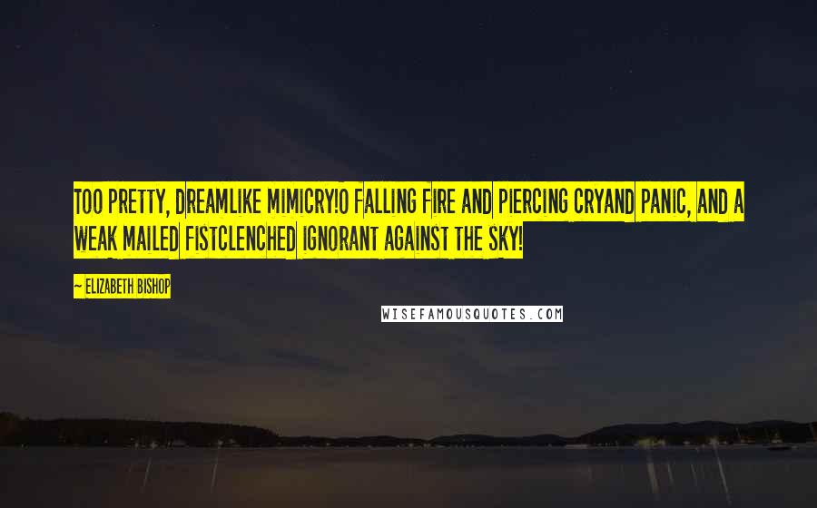 Elizabeth Bishop Quotes: Too pretty, dreamlike mimicry!O falling fire and piercing cryand panic, and a weak mailed fistclenched ignorant against the sky!