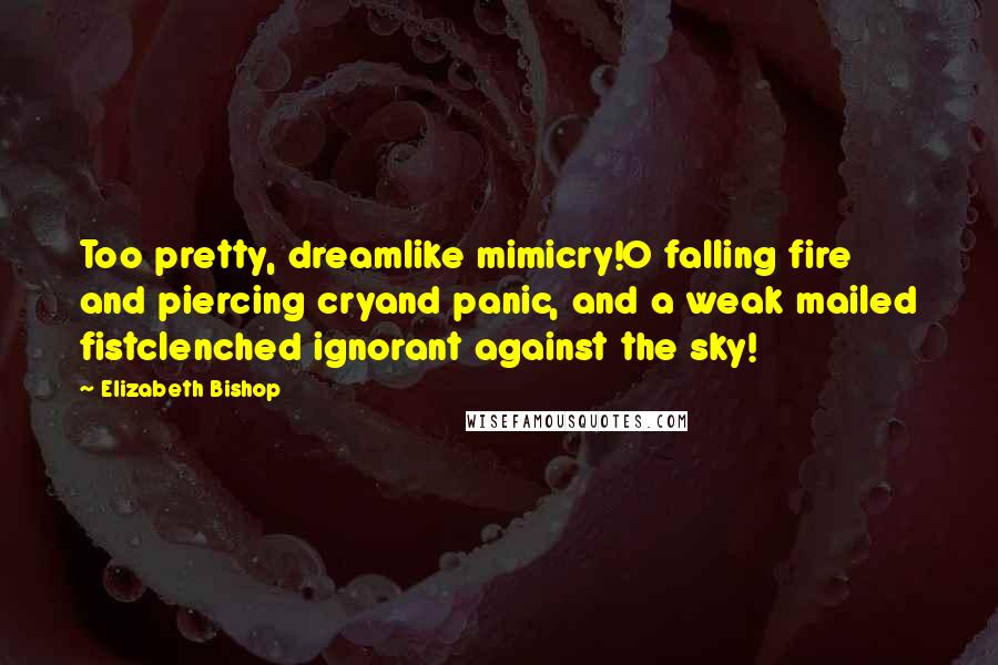 Elizabeth Bishop Quotes: Too pretty, dreamlike mimicry!O falling fire and piercing cryand panic, and a weak mailed fistclenched ignorant against the sky!