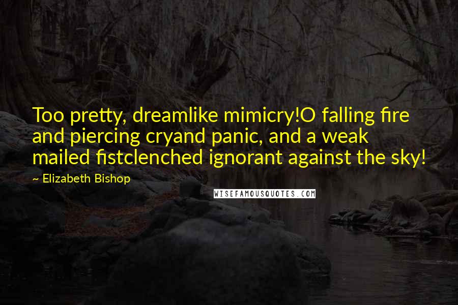 Elizabeth Bishop Quotes: Too pretty, dreamlike mimicry!O falling fire and piercing cryand panic, and a weak mailed fistclenched ignorant against the sky!