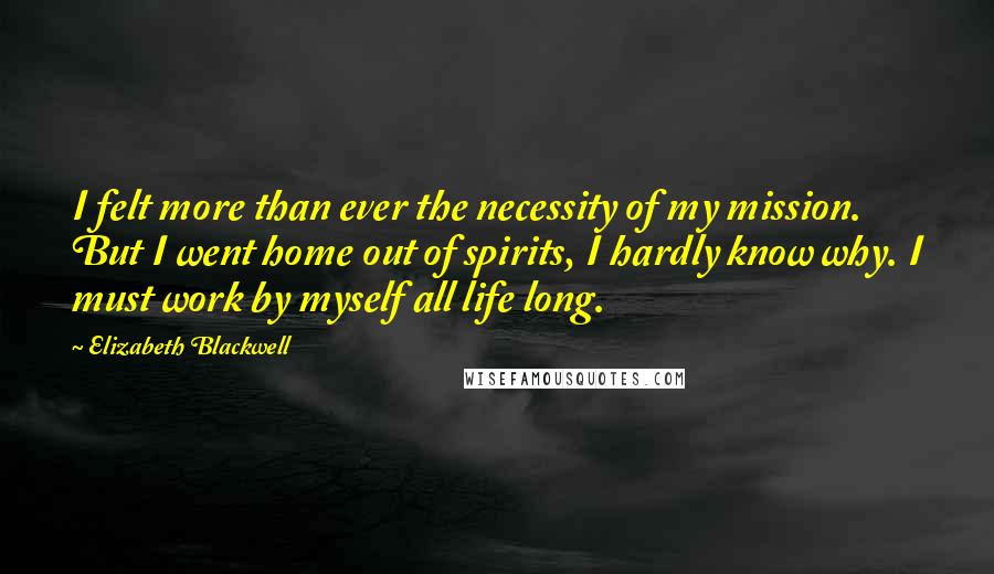 Elizabeth Blackwell Quotes: I felt more than ever the necessity of my mission. But I went home out of spirits, I hardly know why. I must work by myself all life long.