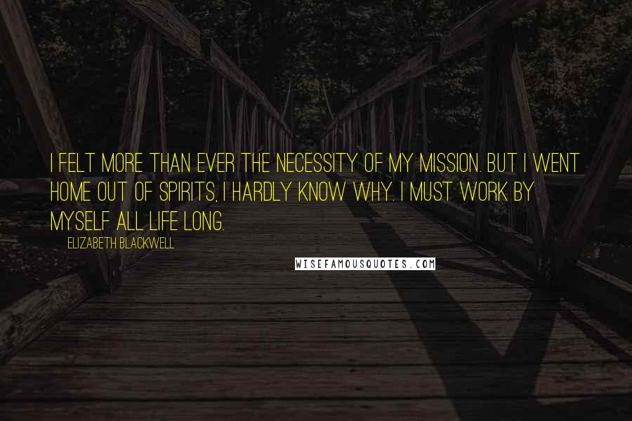 Elizabeth Blackwell Quotes: I felt more than ever the necessity of my mission. But I went home out of spirits, I hardly know why. I must work by myself all life long.