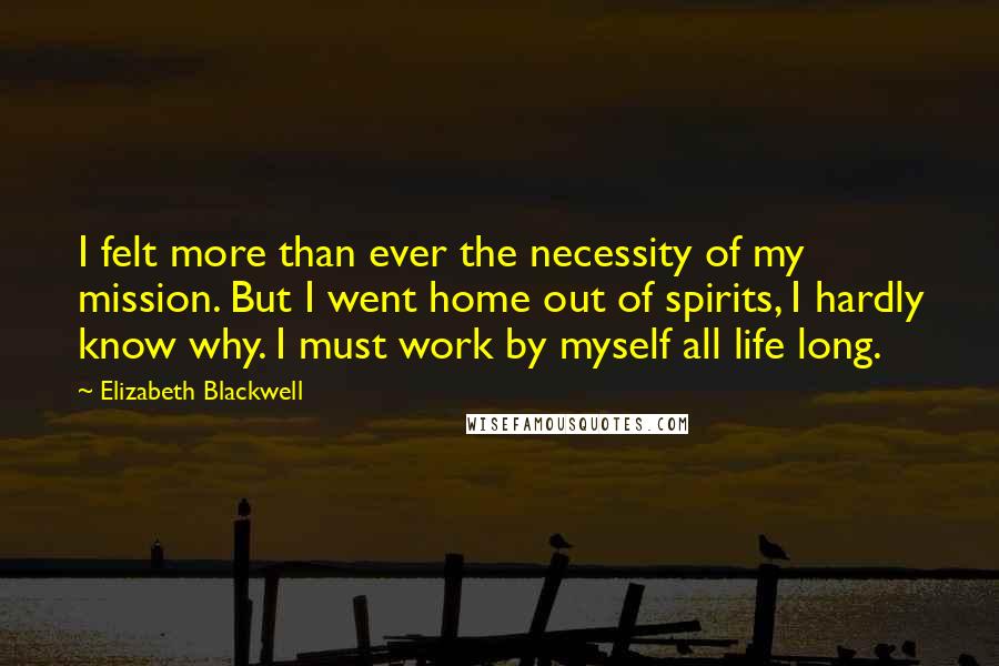 Elizabeth Blackwell Quotes: I felt more than ever the necessity of my mission. But I went home out of spirits, I hardly know why. I must work by myself all life long.