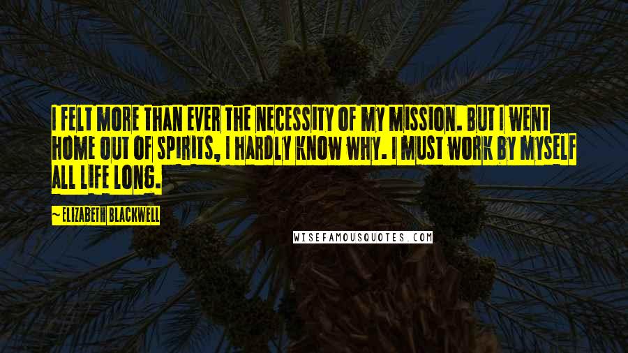 Elizabeth Blackwell Quotes: I felt more than ever the necessity of my mission. But I went home out of spirits, I hardly know why. I must work by myself all life long.