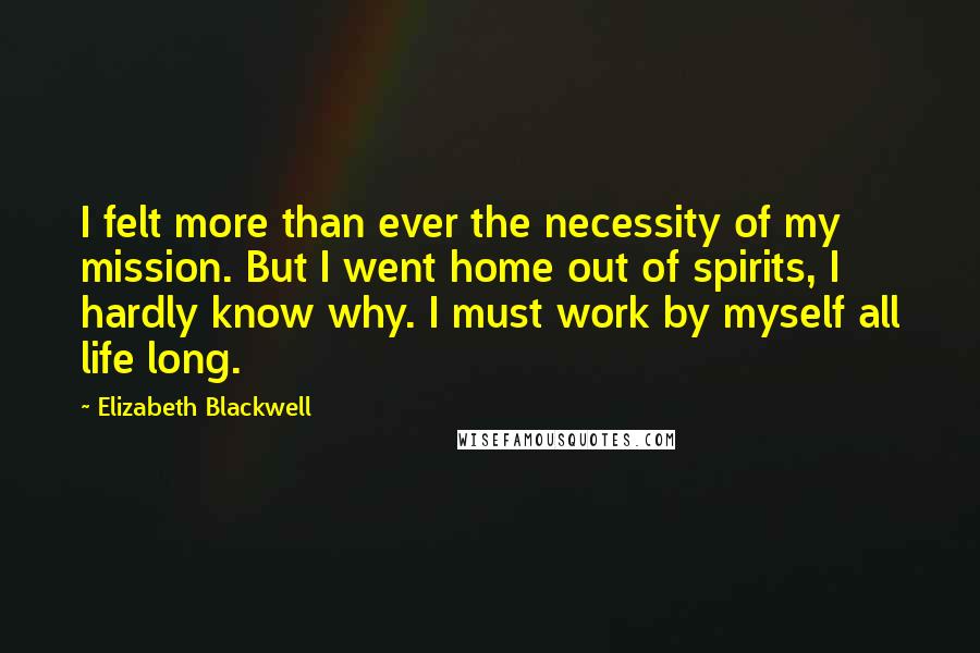 Elizabeth Blackwell Quotes: I felt more than ever the necessity of my mission. But I went home out of spirits, I hardly know why. I must work by myself all life long.