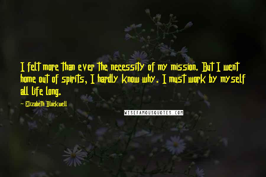 Elizabeth Blackwell Quotes: I felt more than ever the necessity of my mission. But I went home out of spirits, I hardly know why. I must work by myself all life long.