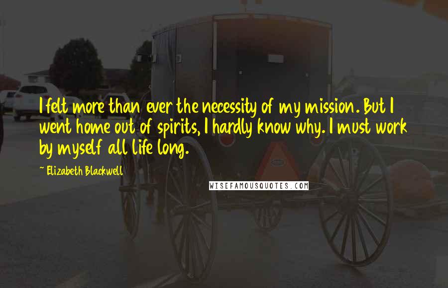 Elizabeth Blackwell Quotes: I felt more than ever the necessity of my mission. But I went home out of spirits, I hardly know why. I must work by myself all life long.