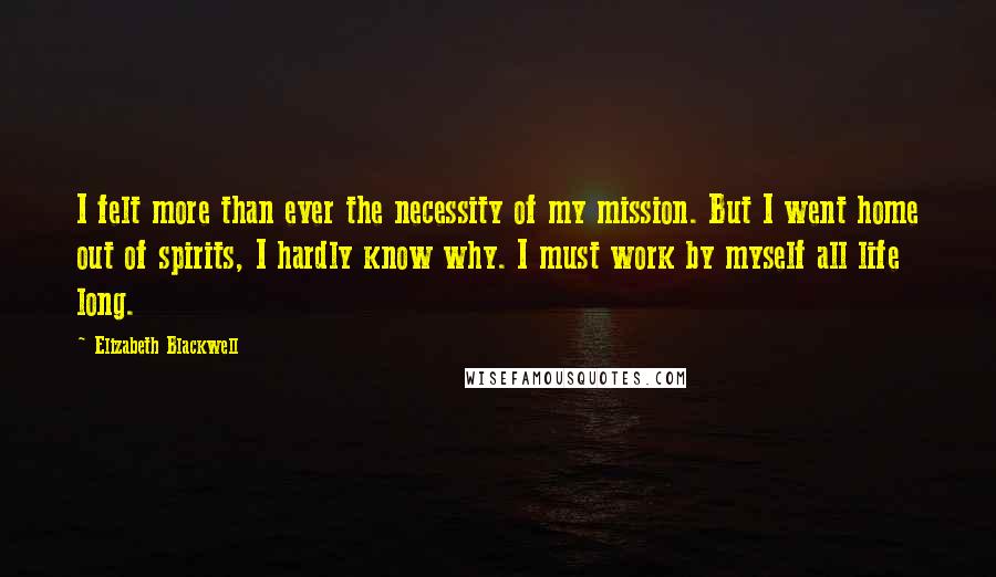 Elizabeth Blackwell Quotes: I felt more than ever the necessity of my mission. But I went home out of spirits, I hardly know why. I must work by myself all life long.