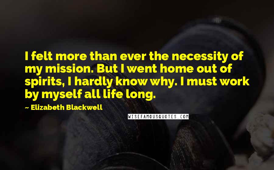 Elizabeth Blackwell Quotes: I felt more than ever the necessity of my mission. But I went home out of spirits, I hardly know why. I must work by myself all life long.