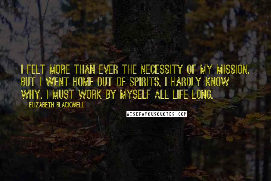 Elizabeth Blackwell Quotes: I felt more than ever the necessity of my mission. But I went home out of spirits, I hardly know why. I must work by myself all life long.