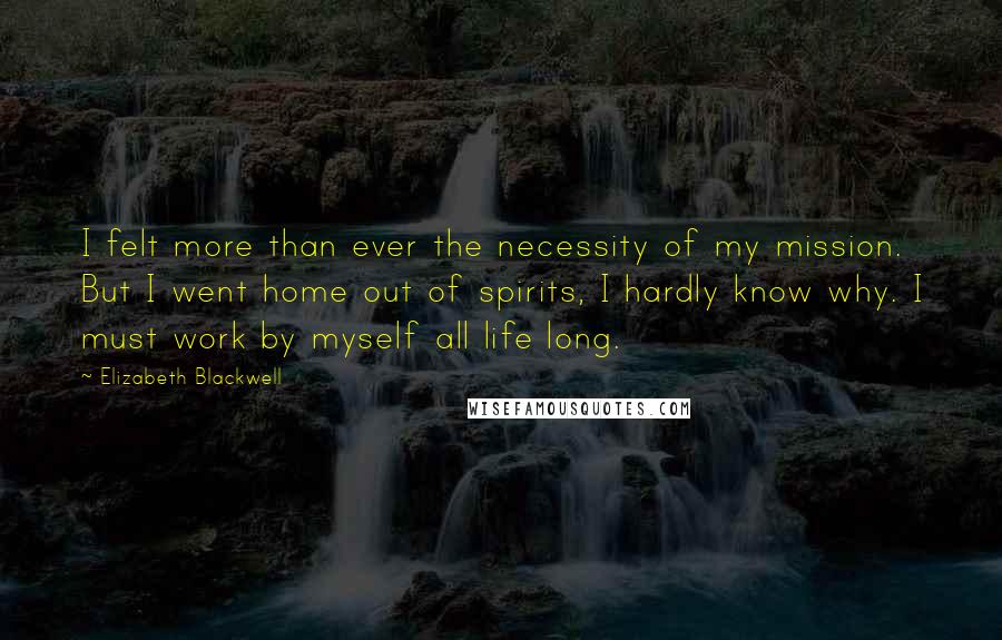 Elizabeth Blackwell Quotes: I felt more than ever the necessity of my mission. But I went home out of spirits, I hardly know why. I must work by myself all life long.