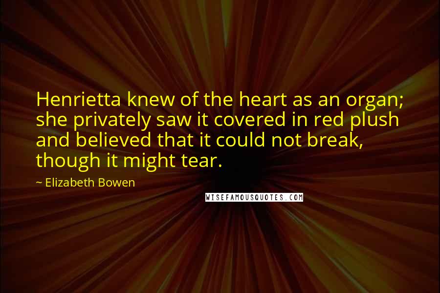 Elizabeth Bowen Quotes: Henrietta knew of the heart as an organ; she privately saw it covered in red plush and believed that it could not break, though it might tear.