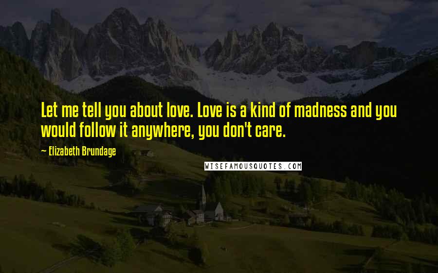 Elizabeth Brundage Quotes: Let me tell you about love. Love is a kind of madness and you would follow it anywhere, you don't care.