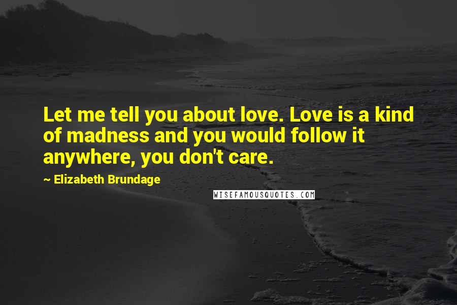 Elizabeth Brundage Quotes: Let me tell you about love. Love is a kind of madness and you would follow it anywhere, you don't care.