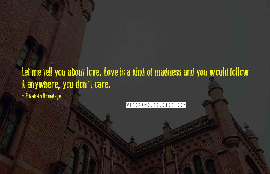 Elizabeth Brundage Quotes: Let me tell you about love. Love is a kind of madness and you would follow it anywhere, you don't care.