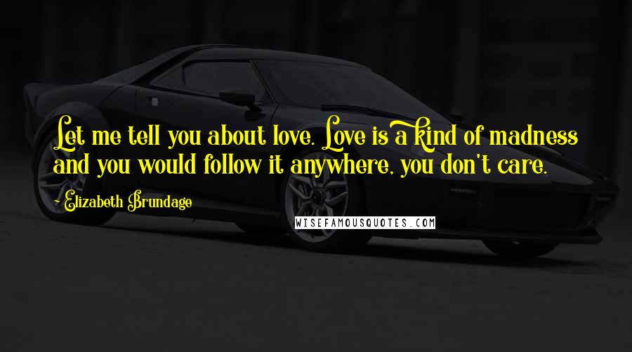 Elizabeth Brundage Quotes: Let me tell you about love. Love is a kind of madness and you would follow it anywhere, you don't care.