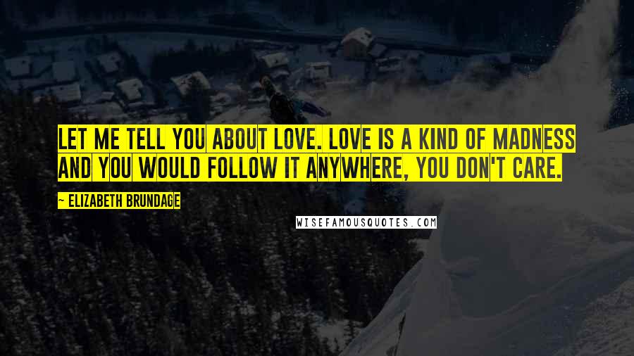 Elizabeth Brundage Quotes: Let me tell you about love. Love is a kind of madness and you would follow it anywhere, you don't care.