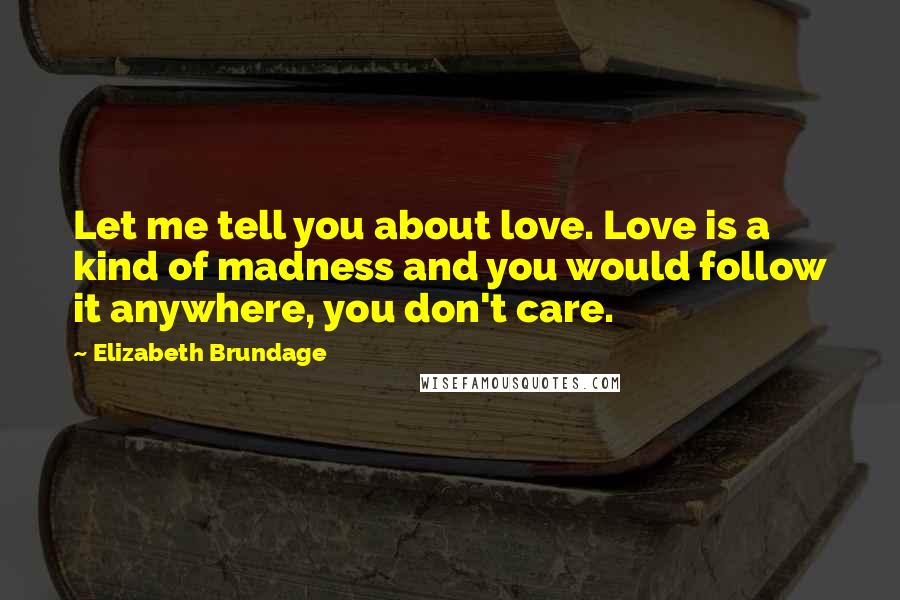 Elizabeth Brundage Quotes: Let me tell you about love. Love is a kind of madness and you would follow it anywhere, you don't care.