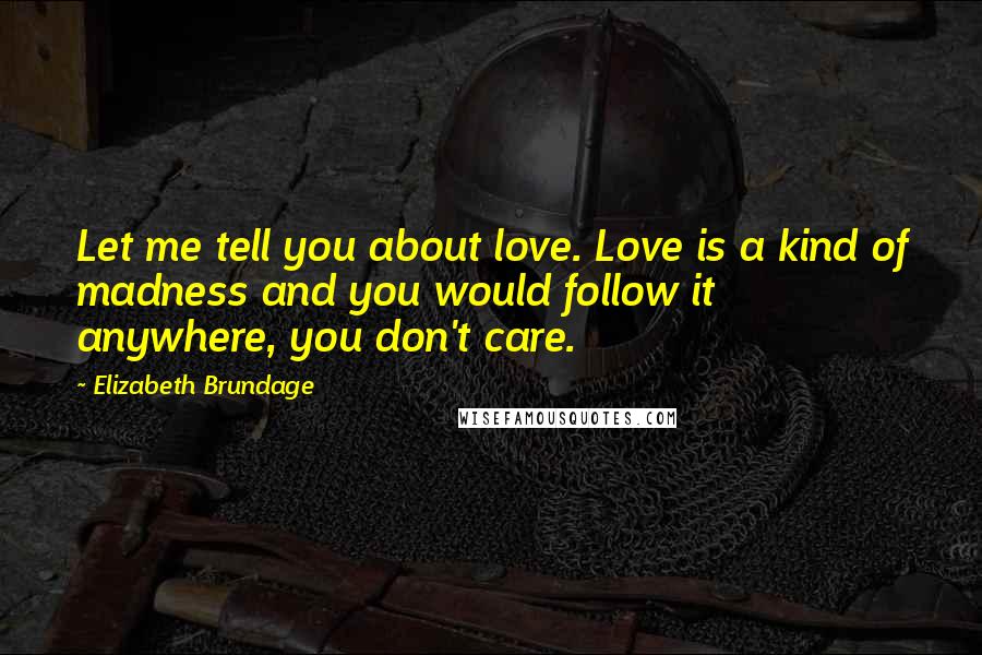 Elizabeth Brundage Quotes: Let me tell you about love. Love is a kind of madness and you would follow it anywhere, you don't care.