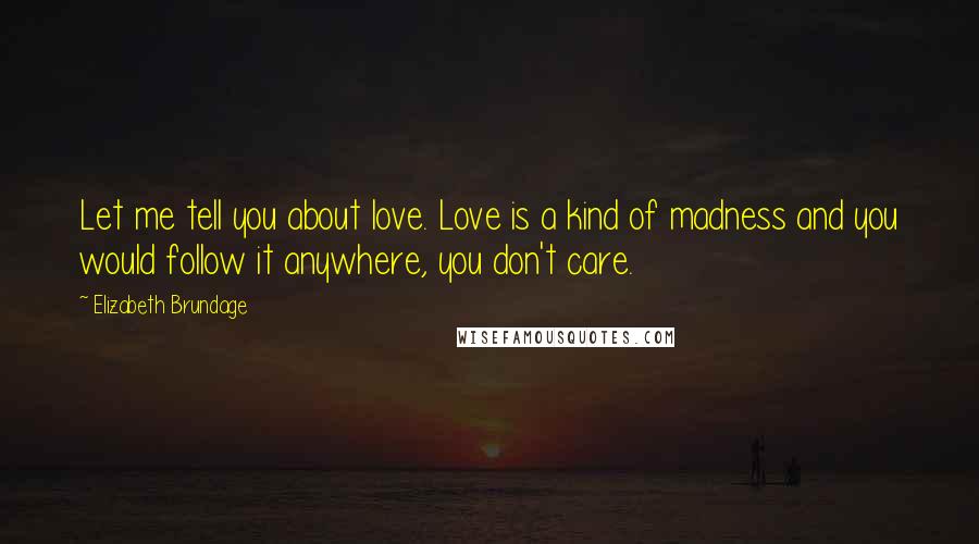 Elizabeth Brundage Quotes: Let me tell you about love. Love is a kind of madness and you would follow it anywhere, you don't care.