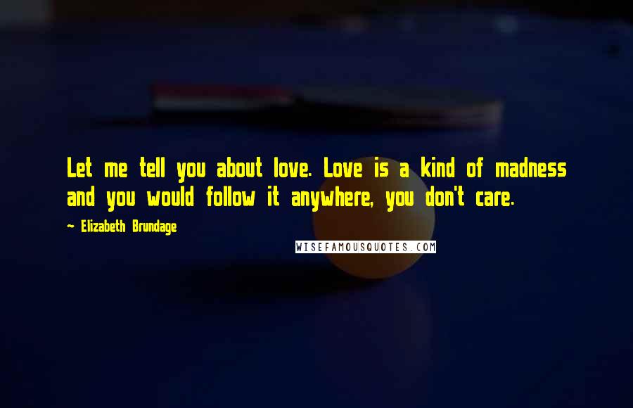 Elizabeth Brundage Quotes: Let me tell you about love. Love is a kind of madness and you would follow it anywhere, you don't care.