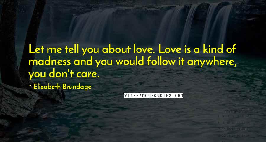 Elizabeth Brundage Quotes: Let me tell you about love. Love is a kind of madness and you would follow it anywhere, you don't care.