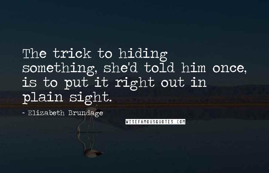 Elizabeth Brundage Quotes: The trick to hiding something, she'd told him once, is to put it right out in plain sight.