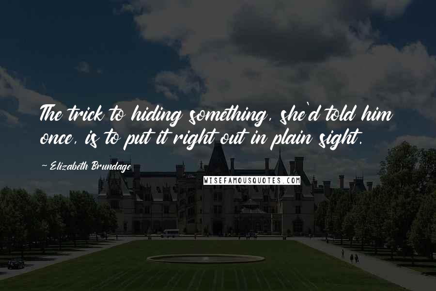 Elizabeth Brundage Quotes: The trick to hiding something, she'd told him once, is to put it right out in plain sight.