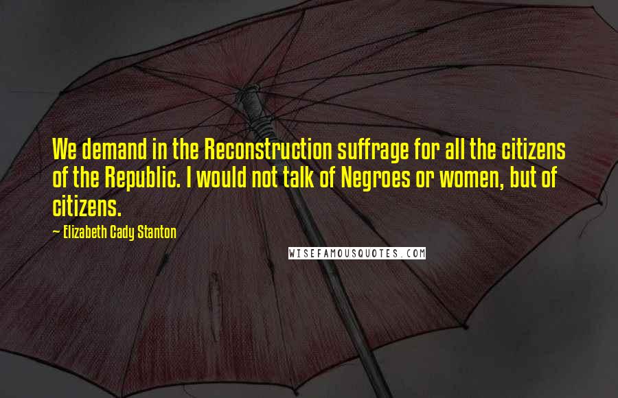 Elizabeth Cady Stanton Quotes: We demand in the Reconstruction suffrage for all the citizens of the Republic. I would not talk of Negroes or women, but of citizens.